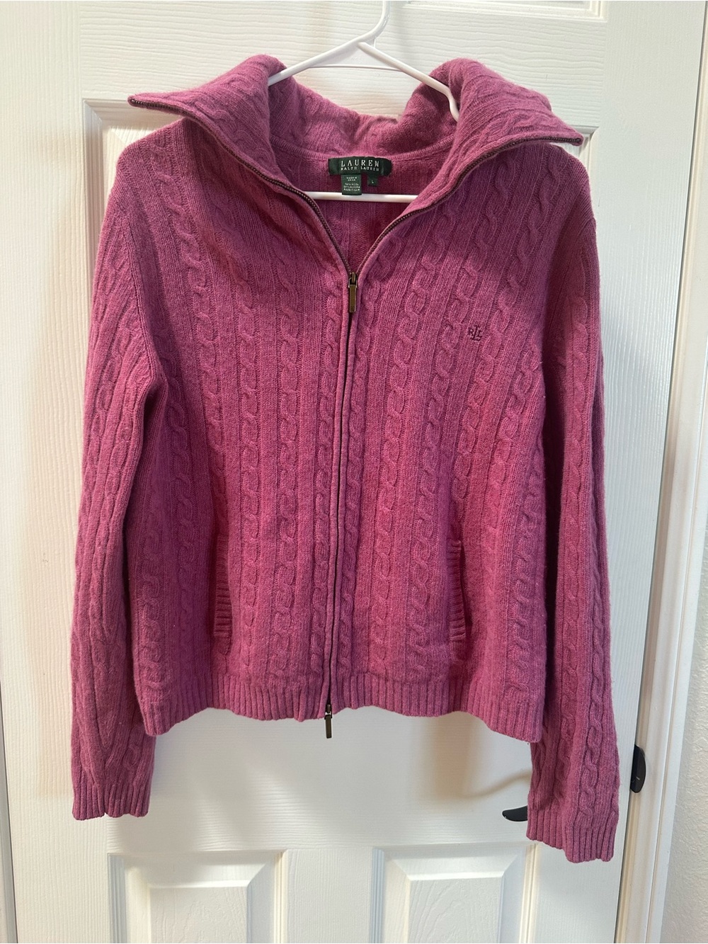 Lauren Ralph Lauren Pink Purple wool angora rabbit hair Cable-Knit Zip Cardigan